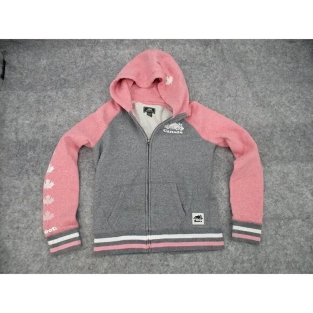 Roots Kids Sweatshirt Hoodie XXL 13 14 Years Pink Gray Pockets Zipper Casual